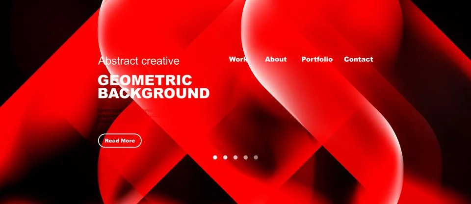 Dynamic red design features flowing shapes, text elements, navigation menu. Ilustración de archivo