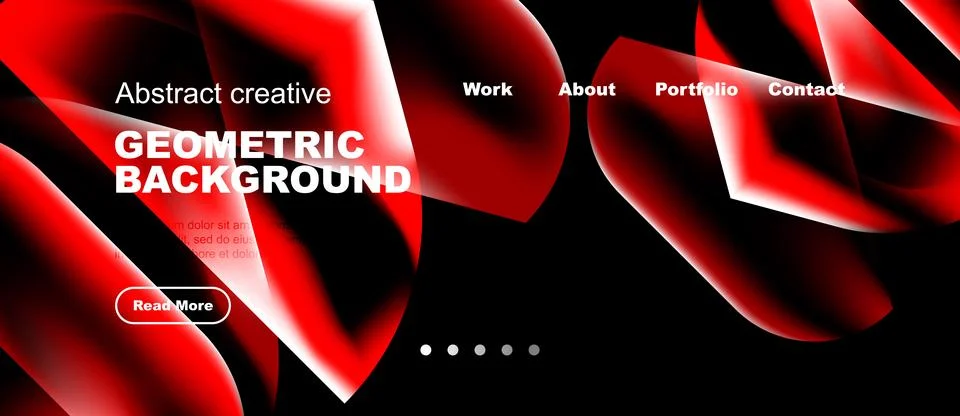 Dynamic red design features geometric shapes, text overlays, navigation menu. Illustration