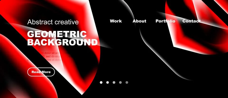 Dynamic red design features geometric shapes, text overlays, navigation menu. Ilustración de archivo