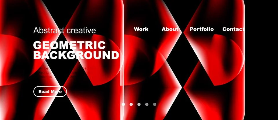 Dynamic red geometric design. Website header features text, navigation, butto Stock Illustration
