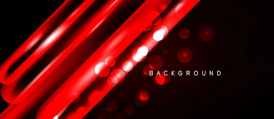 Dynamic red lines, glowing circles create modern abstract background. Dark .. Illustrazione stock