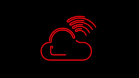 Dynamic red neon cloud icon pulses with wireless signal waves on a stark black Stock Footage 321142116