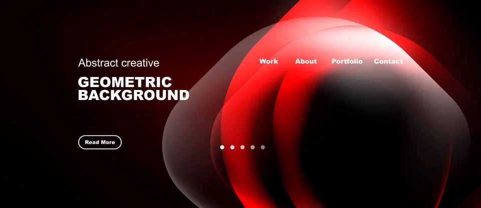 Dynamic red shapes dominate dark background. Website header includes navigati Stock Illustration