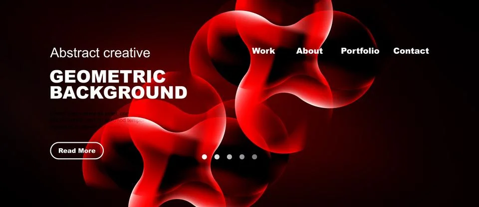 Dynamic red shapes dominate dark backdrop. Website navigation visible. Modern Stock Illustration