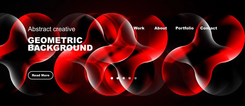Dynamic red shapes over black backdrop. Website header with navigation option Stock Illustration