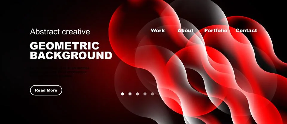 Dynamic red shapes over black backdrop. Website header includes navigation Ilustração Stock