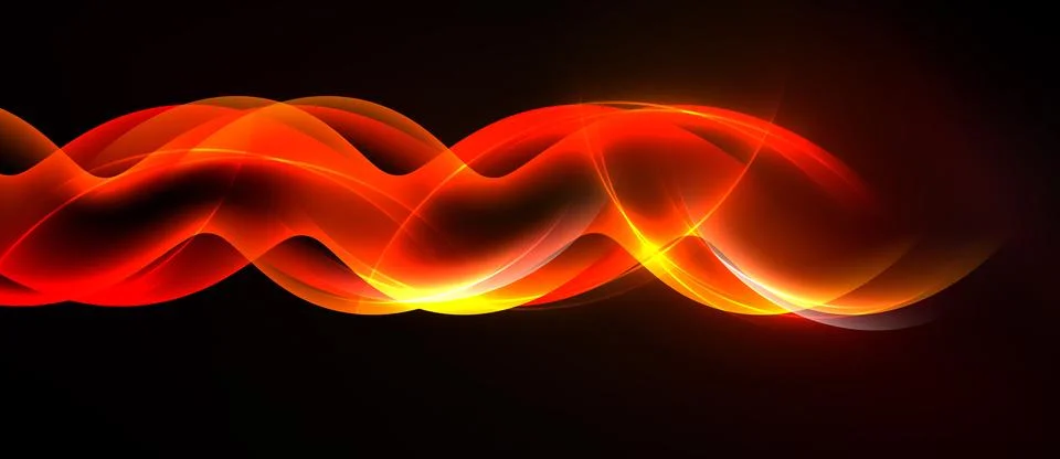 Dynamic red waves flow across black background. Bright, smooth lines create Illustrazione stock