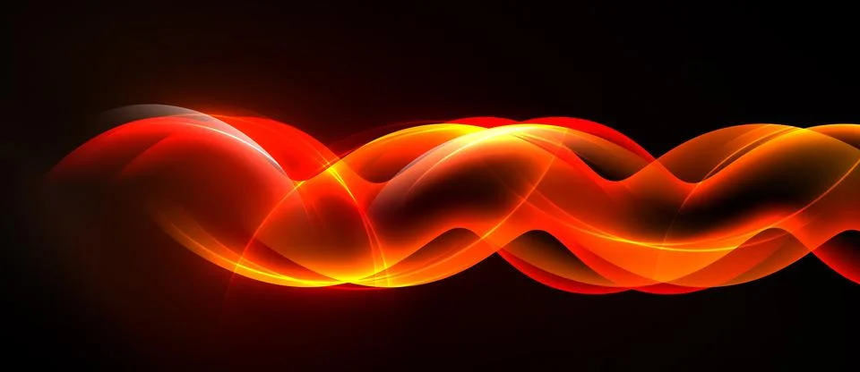 Dynamic red waves flow across black background. Bright curves create energy, Stock Illustration