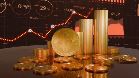 Dynamic representation of cryptocurrency investment Bitcoin coins and charts Stock Footage 300049664