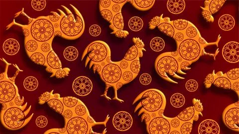 Dynamic Rooster Zodiac Pattern Chinese Festive Red Stock Illustration