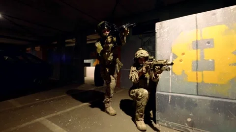 Dynamic scene with fighters in motion, weapons at the ready  Stock Footage 301301888