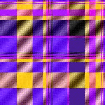 A dynamic seamless plaid pattern blending electric purple, bright yellow, a.. Stock Illustration