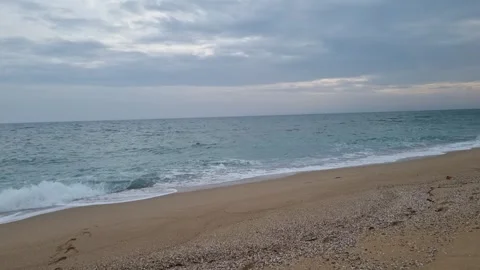 Dynamic seashore waves rolling onto sandy beach under cloudy sky Stock Footage 321651099
