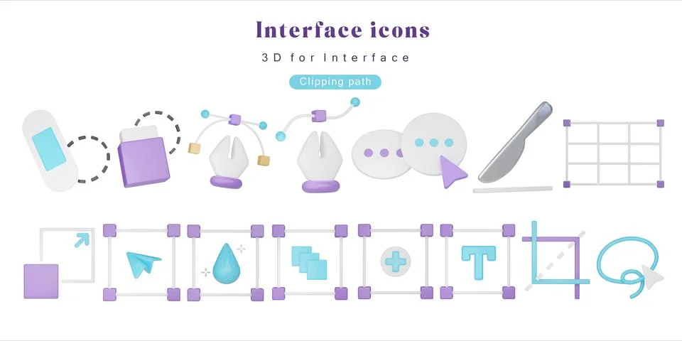 A dynamic set of 3D art design tools and icons for digital interfaces, including Stock Illustration