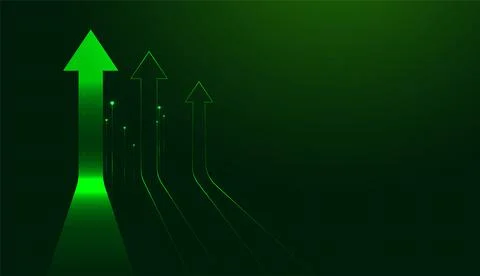 A Dynamic set of green Arrows extend toward the top of a digital background.. Stock Illustration