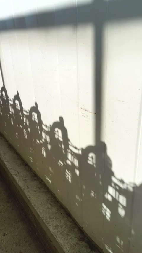 Dynamic shadows of a railing cast intricate patterns on a textured wall, Stockbeeldmateriaal 318610489