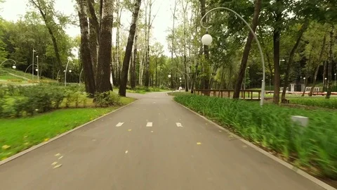 Dynamic shooting. Camera flying along the paved walkway in autumn park. 4K Video stock 71507164