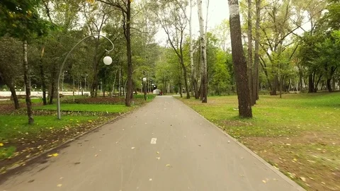 Dynamic shooting. Camera flying along the paved walkway in autumn park. 4K 库存影片 75638667