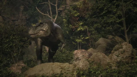 Dynamic shot of a dinosaur under vibrant forest lighting Stock Footage 295126996