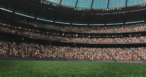 Dynamic shot of an empty professional soccer stadium with animated crowd. Stock Footage 150382302