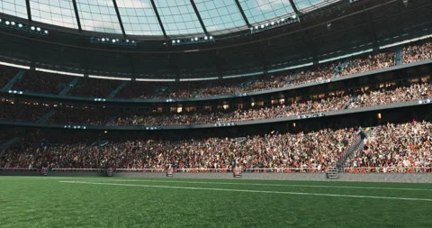 Dynamic shot of an empty professional soccer stadium with animated crowd. Stock Footage 150382601