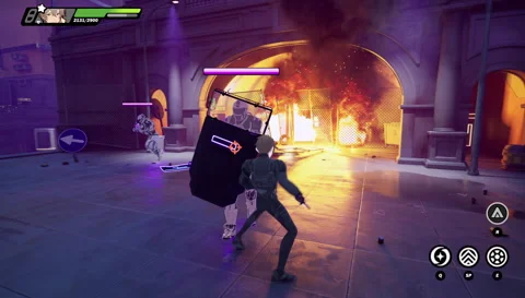 A dynamic showdown unfolds under sunlight in a stylized sci-fi city battle. Stock Footage 318313378