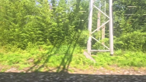 Dynamic side view motion footage from a moving train traveling through gree.. Stock Footage 332646310