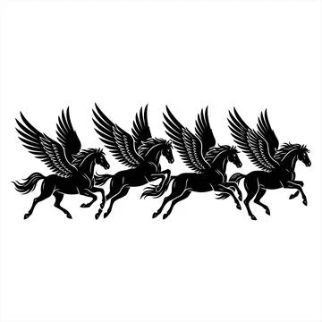 Dynamic Silhouette Illustration of Four Galloping Winged Horses in Flight Stock-Illustration