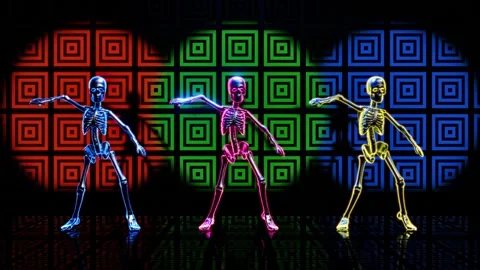 Dynamic skeleton dancers illuminated in vibrant colors for immersive experience Vídeo Stock 292753454