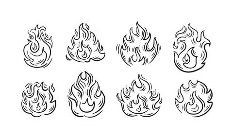 Dynamic sketch-style flames set, featuring fluid lines and sharp flame cones Illustrazione stock