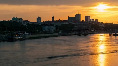 Dynamic Skyline and Vistula Waterfront in Warsaw Sunset Time-Lapse Stock Footage 279141807