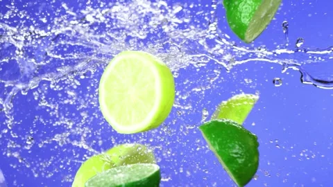 Dynamic slow motion shot of limes and lime slices splashing into water. Stock Footage 327577775