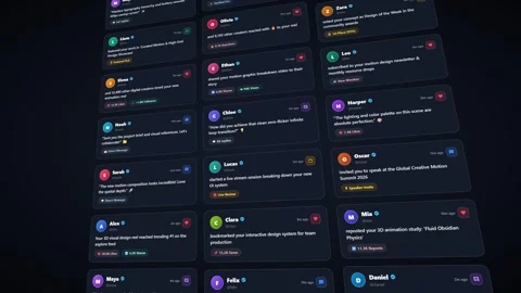 Dynamic social media notification cards moving in 3d dark space. 4K 3D Render Vídeo Stock 344846780