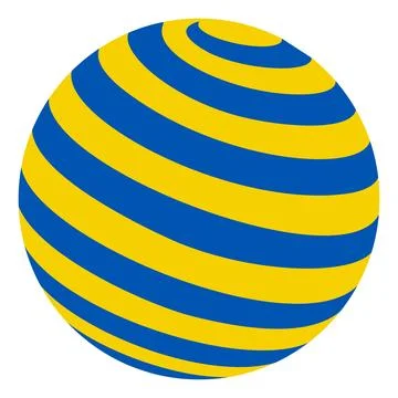 Dynamic spherical rotation with alternating blue yellow curved spiral bands Stock Illustration
