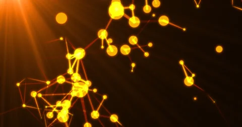 A dynamic spinning perspective of glowing yellow particles and connected mes 動画素材 345833550