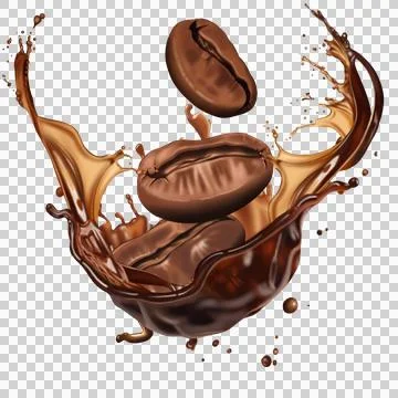 Dynamic splash of coffee with beans. Stock Illustration