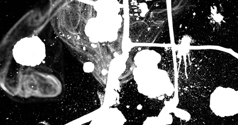 Dynamic splatter and textured elements creating abstract black and white pattern Stock Footage 304184459