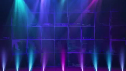 Dynamic stage lighting beams illuminating abstract grid backgrounds creating Stock-Footage 340612959