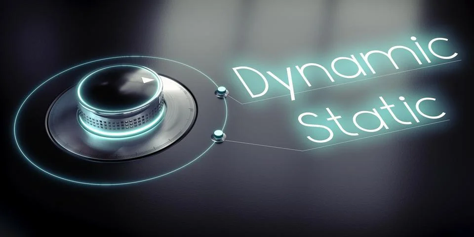 Dynamic, static - rotary knob and glowing words - 3D illustration イラスト素材