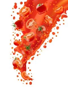 Dynamic stream of red fresh tomato juice pouring with falling bright tomato s Stock Photos