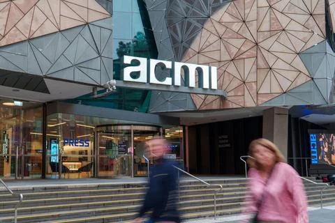 Dynamic street-level view of ACMI building entrance in Melbourne, showcasin.. Stock Photos