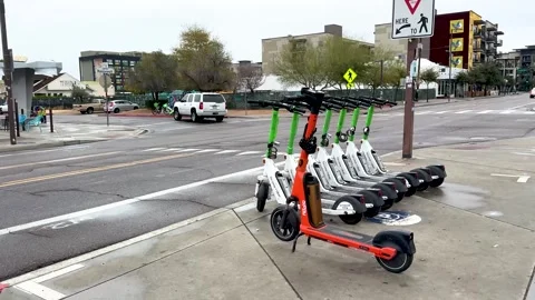 Dynamic Street View of Dockless Scooters Stock Footage 275417835