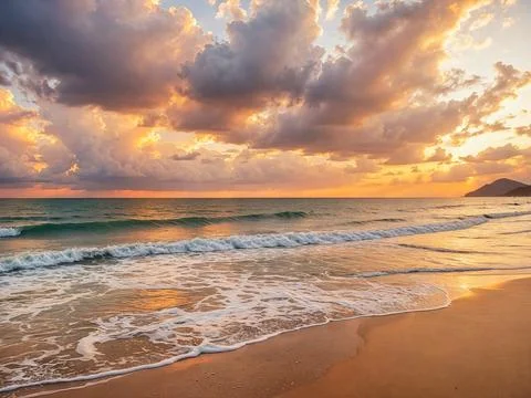 Dynamic sunset seaside scene visuals, Energized coastal scene with fiery clouds Stock Photos