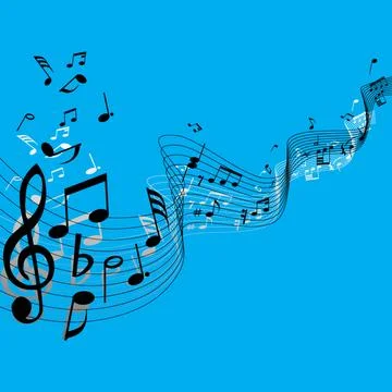 Dynamic swirl of musical notes and staff lines flows across vibrant blue ba.. Stock Illustration