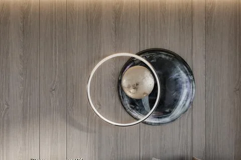 Dynamic table design with circle 3d illustration and wooden background and .. Stock Illustration