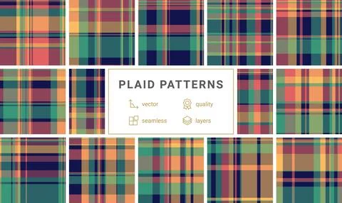 Dynamic tartan plaid pattern with bold coral, navy, and orange hues. Perfec.. イラスト素材