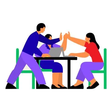 Dynamic team celebrating project success with high five over laptop collabo.. Stock Illustration