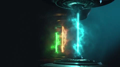 Dynamic tech emitting three vivid lazer pulses on a dark gradient background Stock Footage 303321872