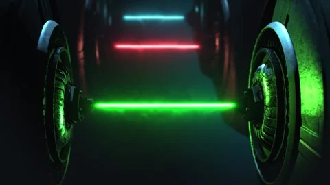 Dynamic technology emitting three vivid lazer pulses on a dark gradient Stock Footage 303321567