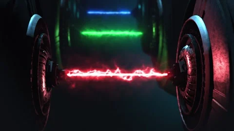 Dynamic technology emitting three vivid lazer pulses on a dark gradient Stock Footage 303321568